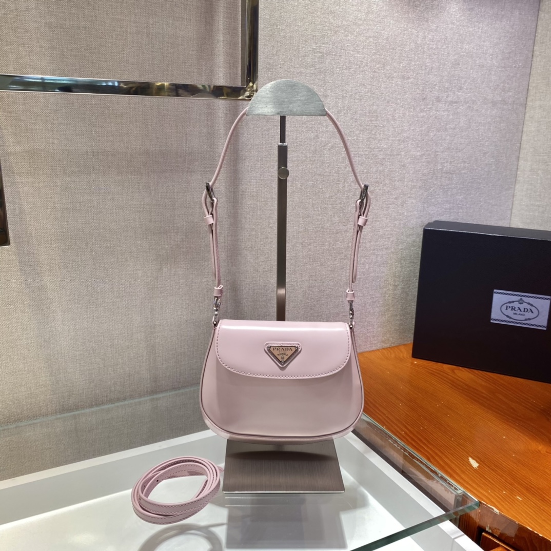 Prada Cleo Brushed Leather Shoulder Bag With Flap Light Pink 1BH188